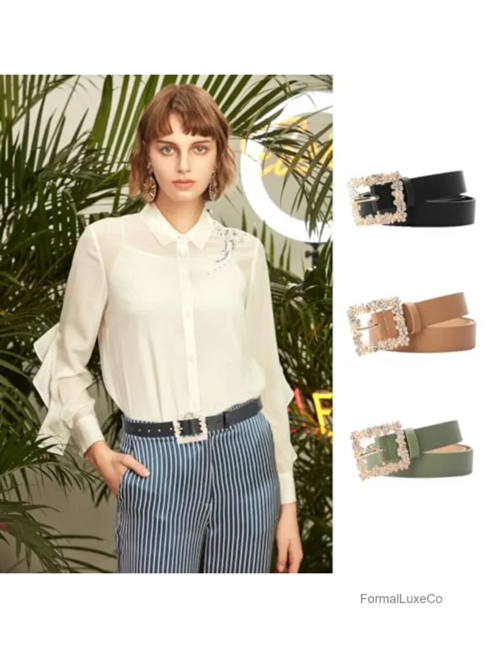 Faux Leather Rhinestone Belt Gold Square Buckle Adjustable Women Accessory